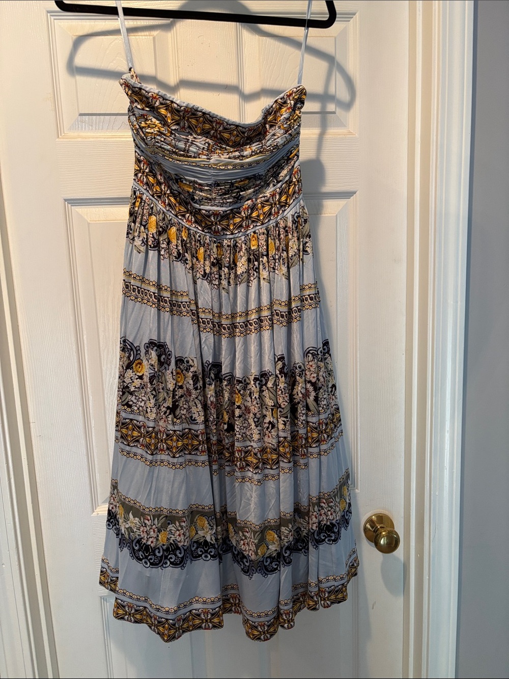 Boho Floral Strapless Midi Dress in Light Gray and Mustard